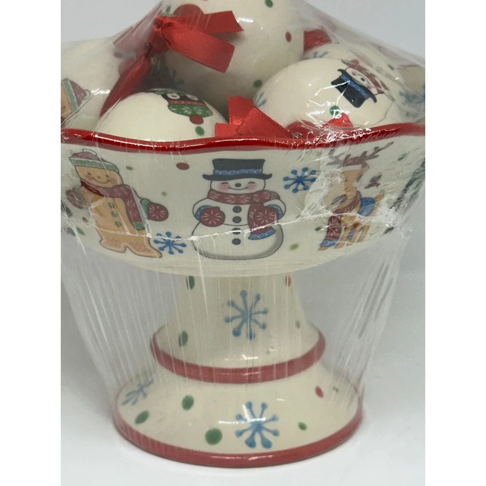 Temp-tations Christmas Pedestal Bowl Set Cream Snowman Gingerbread Holiday Decor